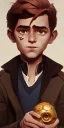 Placeholder: Portrait of a handsome brown haired little warlock kid with familiar by Jim Kay