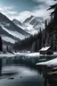 Placeholder: Icy mountains and a hut surrounded by trees with a frozen lake in front of it