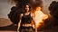 Placeholder: beautiful slender caucasian female technician with a small knife, black tank top, well toned muscles, weathered face, scratched sand camo metal details, short brunette wavy bob haircut, dystopian, desert scene with smoke and explosions, opponent is a giant muscular soldier