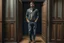 Placeholder: man in jeans and a shirt standing in a room of doors
