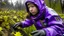 Placeholder: A human interpreter, Asian descent, wearing purple protective gear, examining a contamination hive, alien plant life, overcast autumn day.