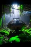 Placeholder: clos up on iss space station in the middle of brazilian jungle, terror from the deep creatures, crashlanding, depth of field, light rays, mist