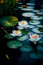 Placeholder: Oil painting of white lotus flowers floating on the water, minimalistic