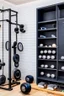 Placeholder: Home gym, wall with a kabinet with weights and small gym equipment.