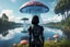 Placeholder: photorealistic photo of a woman with black hair, dressed in an android suit, looking out over a lake, at a mushroom with jellyfish tentacles with tall narrow cloud trees in the background