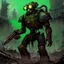 Placeholder: 90's fantasy tcg art of black post apocalyptic robot warrior in toxic ooze wasteland