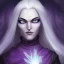 Placeholder: Female dungeons and dragons character, aasimar, warlock, spy, flowing white hair, glowing amber eyes, mysterious facial expression, close-up, violet magical energy