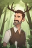 Placeholder: Middle aged man with brown hair and goatee, antlers, grinning, proud, wearing leather, forest background. RWBY animation style