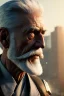 Placeholder: Old man Cyborg anime warrior, grey hair, trimmed grey beard,brown eyes, waist up portrait, 4k resolution, intricate details, ornate details, soft lighting, vibrant colors, retroanime, futuristic cityscape background