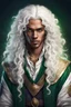 Placeholder: young mulatto sorcerer man with green eyes and long wavy snow white hair, dressed in epic commoner clothing