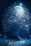 Placeholder: a background of softly blended blues, greys, silvers, and whites with distant, twinkling stars in the sky, an a moon casting a soft glow of light on a foreground of a field of various flowers surrounding a tree of life