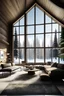 Placeholder: a double -height ceiling living room with a large floor-to-ceiling window one side log cabin, outside is a dark snow -covered landscape.The living area is furnished with plush, contemporary sofas and rockchair in neutral tone, grouped around a low, central coffee table,The room’s color palette is composed of dark brown and warm tones, with the soft lightning from various lamps adding a cozy ambiance.