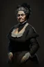 Placeholder: warm but stern aunty victorian era, posh british accent influenced, high born facial features dnd character on a solid black background, full body image, high quality realistic.