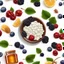 Placeholder: cottage cheese with forest berries and sprinkled with honey, ultra realistic, white simple background with no additional food items on the background