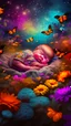 Placeholder: A baby Sleeping and dreaming sweet dreams among the flowers and butterflies in a glory night