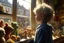 Placeholder: a little boy with curly blond hair is standing with his back to us, looking at toys (stuffed animals, building blocks, trains, legos, rocking horses) in a toy shop window Nikon D850 digital painting fantasy 4k very attractive fantastic view ultra detailed 4K 3D cinematic postprocessing in sunshine