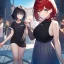 Placeholder: Clear focus,High resolution, Black short fluffy hair, and blue eyes, wearing a blue crop top sleeveless, wearing a red cut sleeve, wearing a black shirt, wearing long white socks