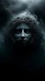 Placeholder: Mourning in dephts of ocean , a halo face with a smoky holes in dark gloomy foggy background with very small dem light