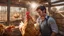 Placeholder: Hyper Realistic a chicken is beating a handsome-young-farmer from its beak inside a chicken coop with scared expressions on farmer's face few haystacks behind & feathers whirling at day time with sun-rays from outside showing dramatic & cinematic ambiance