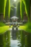 Placeholder: adorable cute chat priest robot with short punk hair and real human reflective eyes, fluffy bridge in pond in garden of st. Barbara cathedral, its such a perfect day, motion blur, smoke, 8k, downlight, soft light, depth of field, photorealism, trending on art station, lotsa detail