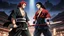 Placeholder: yujiro hanma vs yoriichi tsugukuni, baki vs kimetsu no yaiba, two mans standing in front of each other, a big strong man in black shirt with red hair and evil grin in battle stance facing a smaller feminine swordsman with long hair and calm face reaching for his sword in traditional japanese clothes both preparing to fight each other