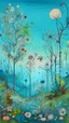 Placeholder: A garden of wired out of this world flowers and trees with light blue sky in Bosch painting style