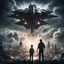 Placeholder: photorealistic. its a dark night. 40 years old father his 6 years old son hold hands as they watch. A hightech arrow-shaped space battleship is emerging from the clouds. explosions are visible in the destroyed city beneath.