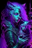 Placeholder: a pastel metal carving of a female cyberpunk wizard with flowing purple hair and glowing eyes. She is holding a cat, The colors of the scene should be vivid and varied.