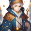 Placeholder: 4K, Fantasy World, A boy only wearing a closed wizards robe, and wearing a wizards hat. White Hair. Golden Eyes with no pupils.