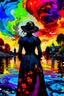 Placeholder: a painting of (from behind, a Victorian woman dressed in black) on a lake, with an explosion of colors around her, bold lines, matte painting, digital illustration, acrylic on canvas, brushstrokes, detailed, high quality