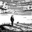 Placeholder: a alone man. pen and ink, birds eye view, illustrated by hergé, Background space and earth