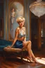 Placeholder: full length low angle airbrush portrait of young barefoot woman standing legs apart, wearing crop top and silk shorts with blond hair in pixie haircut, tan complexion, and wireframe glasses, sapphire pendant, confident expression, by pino daeni bare feet resting on hardwood floor, in opulent parlor with antiques, relief hangings, and a crystal decanter, perfect toes, pedicure