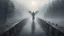 Placeholder: walking straight across the bridge, holding the angel of death's hand, entering the fog that leads to the afterlife, a stream from the mountains flows from the right and left sides, realistic