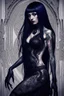 Placeholder: a crepy stunning mystic woman with dark purple-black long hair and black tattoos on her body, a cold, indifferent expression, silver and black onyx jewelry, black lace dress, crepy stunning anthropomorphic female, theral human, ancient deity, by Vincent Lefevre and Yoshitaka Amano, stunning 3d woman , dark fantasy style, thriller