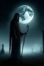 Placeholder: mysterious, hooded figure with a scythe, standing in a misty graveyard under a full moon. The figure should be shrouded in darkness, with only the eerie glow of their eyes and the blade of the scythe visible.