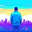 Placeholder: gta style illustration of a person from behind and a city in the background with normal colors