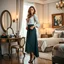 Placeholder: very beautiful sexy lady with beautful midi skirt and blouse standing in a luxury bedroom with high heels next to makeup desk looking to camera