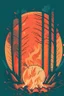 Placeholder: perfect round ball burning in a bonfire inside a forest, 2D flat illustration style, monoline, 3 colors max