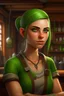 Placeholder: strong tomboy young woman who works at a tavern with pointy ears and green skin realistic