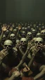 Placeholder: Bosch painting style ,nightmare, a lot of zombies with the hands up looking at you with screaming scary faces sitting on the floor in rows with hands tight to the back and