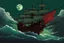 Placeholder: Feudal Japan ship, Spanish Galleon Japanese style, Pirate Ship, Religious full moon symbol in the sails, green and red sails, anime style, One Piece anime vibes, sailing in crystal waters, Sea background, detailed ship, 8k, anime style