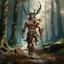 Placeholder: large muscular feyman with antlers walking in the woods fantasy digital art