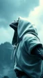 Placeholder: The creature from the the movie Prometheus with white hooded clothes looking up to the sky left view