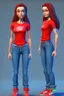 Placeholder: beautiful female 3d character for Animation big head lean body with Red t shirt and blue jeans with sport shoes
