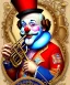 Placeholder: happy old friendly clown with round head and trimmed beard playing jazz with a steampunk theme, trumpet on mouth, circus, realistic