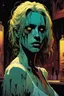 Placeholder: create a hardened, undead girl, finely defined but decayed facial features, tending bar in a seedy Soho jazz club, in the comic book art style of Mike Mignola, Bill Sienkiewicz and Jean Giraud Moebius, , highly detailed, grainy, gritty textures, , dramatic natural lighting