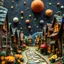 Placeholder: Detailed close-up street made of modeling clay and felt, village, stars, galaxy and planets, fairy, sun, volumetric light, Max Ernst, flowers, naïve, Tim Burton, strong texture, extreme detail, Yves Tanguy, decal, rich moody colors, sparkles, Harry Potter, bokeh, odd