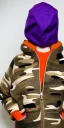 Placeholder: Blonde woman, selfie. average body type, think thighs and thick calves. Mantle is sewed of recycled Denim and sewed together of camouflage pieces. Printed camouflage figures are orange,terracotta, cream and purple. It is with big bright purple felt tippet and cream-colored-hood. mantle is merged with a bag. Cream latex gaiters! AKG-style headphones (gold rings!) is merged with small felt cap with small visor. Style: Haute Couture in 1936, Paris fashion in 2023, inspired by surreal art.