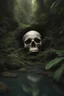 Placeholder: Stream following from the mouth of a skull overgrown with jungle vegetation