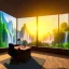 Placeholder: old wood sober house, large desk, parquet, sheet of paper, little pen, office chair in front of a huge picture window with large view on a waterfall with warm light, sunset ,photorealistic, detail, panorama, nature, globe, 8K, Hallelujah mountains, view first person